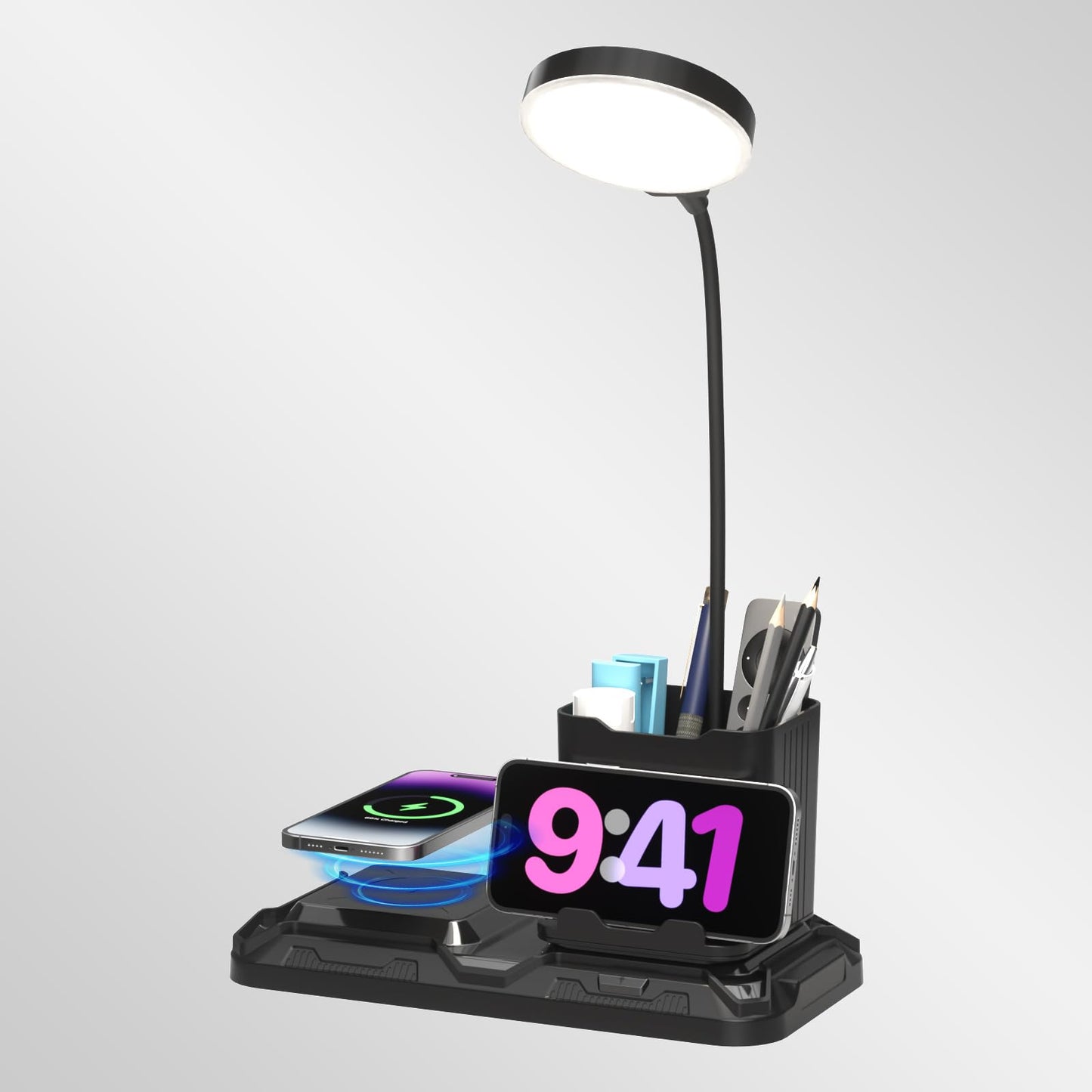 KDD 4 in 1 Desk Lamp with Wireless Charger - 360° Rotating Gooseneck Small Table Lamp with Pen Holder & Phone Stand, Adjustable White and Warm Light Dual Mode LED Desk Light for College Dorm Room