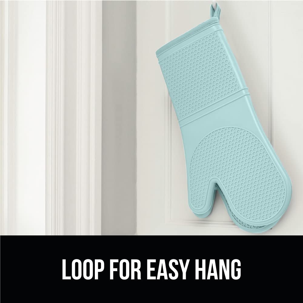 GORILLA GRIP BPA-Free Soft Silicone Oven Mitts and Pot Holders Sets, Heat Resistant Waterproof Cooking Gloves, Thick Cotton Lining, Flexible Gripping for Baking Grilling, Kitchen Trivets, Turquoise
