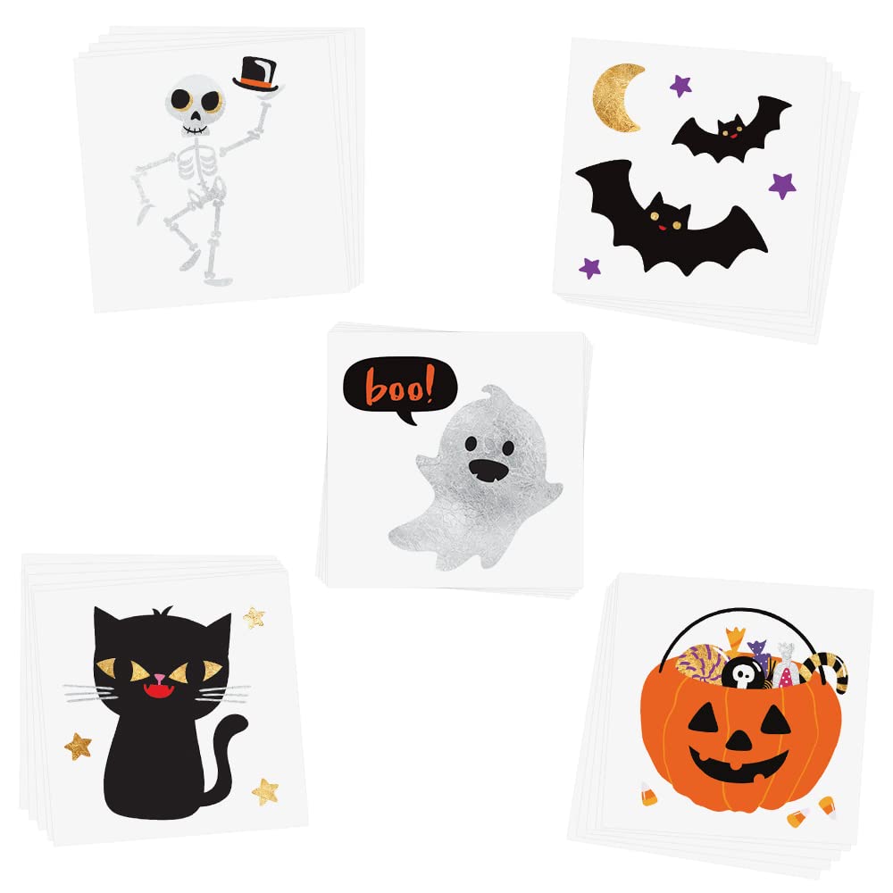 Flash Tattoos CUTE N SPOOKY VARIETY SET of 25 assorted Halloween-inspired premium waterproof metallic gold & silver jewelry temporary foil party tattoos - Party Supplies, gold tattoo, bat, pumpkin