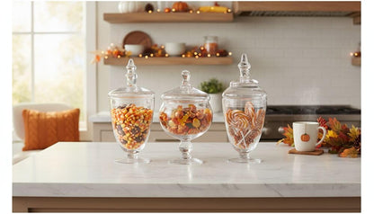 Elements Clear Glass Apothecary Jars with Lids, Set of 3 - Decorative Storage Jars for Home, Kitchen, Bathroom - 10, 9.5, 8.5 Inch Handcrafted Display Jar Set
