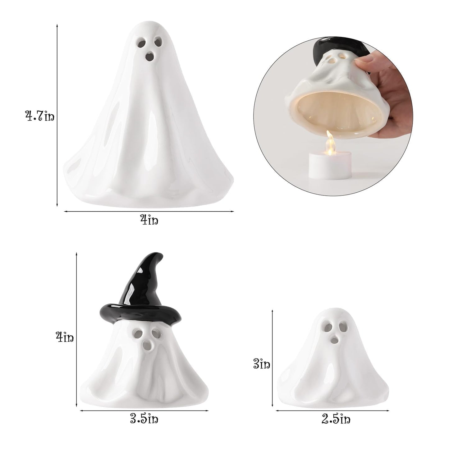 Halloween Ghost Decorations Indoor: 3ct Light Up Ceramic Ghost Decor, Cute Halloween Decor Figurines with LED Tea Lights for Table Desk Tiered Tray Mantel Home Office Home Farmhouse Girls Kids Party