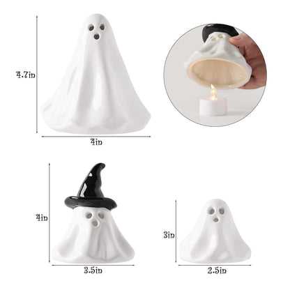 Halloween Ghost Decorations Indoor: 3ct Light Up Ceramic Ghost Decor, Cute Halloween Decor Figurines with LED Tea Lights for Table Desk Tiered Tray Mantel Home Office Home Farmhouse Girls Kids Party
