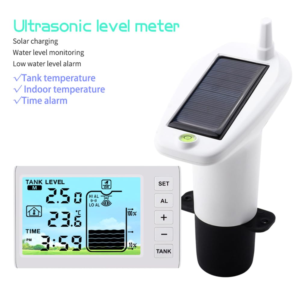 VISLONE Ultrasonic Water Level Monitor Tank Liquid Level High/Low Alarm Solar Powered Water Level Sensor Water Level Indicator Gauge IP65 Waterproof
