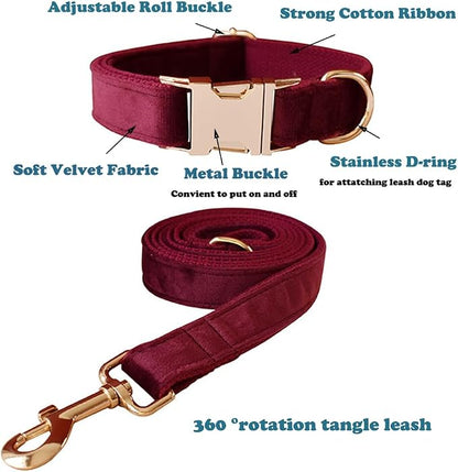 Love Dream Velvet Dog Collar and Leash Set, Soft & Comfy Adjustable Dog Leash and Collar with Heavy Duty Metal Buckle for Small Medium Large Dogs Training & Walking (Small, Wine Red)