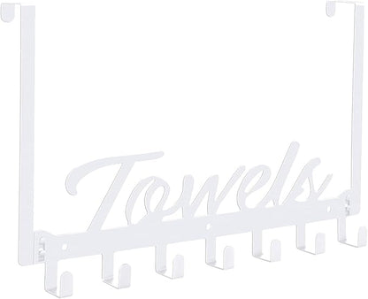 Azmoncy Over The Door Hooks, Heavy Duty Towel Rack with 7 Coat Hooks for Bedroom Bathroom Pool Kitchen Towels and Bags (White)