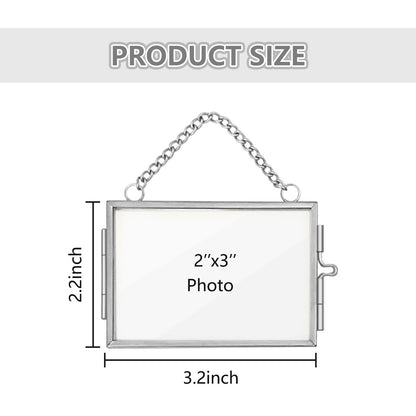 2Pcs Double Glass Frame for Pressed Flowers, 2x3 inch Picture Frame Mini Brass Wall Hanging Photo Frames Floating Frame with Chain for Plant Specimen Artwork Display Home Wall Decor (Silver, Horizontal)