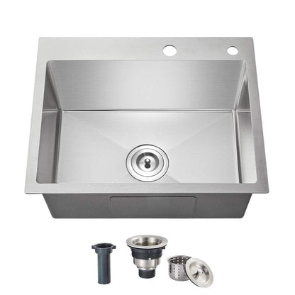 OUGOO 20x16x9 Inch Drop in Kitchen Sink, Handmade 304 Stainless Steel Single Bowl with 2 Holes, R10 Tight Radius, Topmount Installation, for Modern Kitchen/RV Sink, Brushed