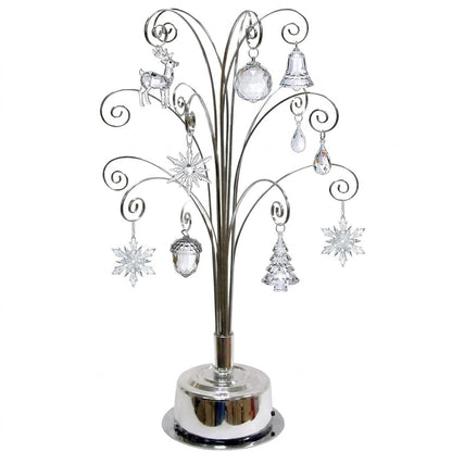 HOHIYA 360° Rotating Ornament Display Stand 15 Hooks Tabletop Christmas Tree Ornament Holder Metal Hanging Display Rack for Crystal Glass Baubles Jewelry and Home Decor Chrome Silver