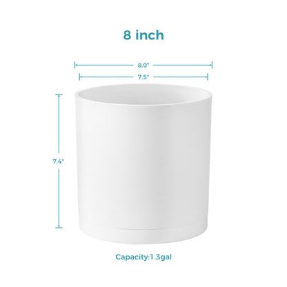 FaithLand 8-Inch Modern Cylinder Planter, Thick-Walled Plastic Plant Pot with Drainage Holes and Detachable Saucer, Matte White, Ideal for Indoor & Outdoor Plants Flowers