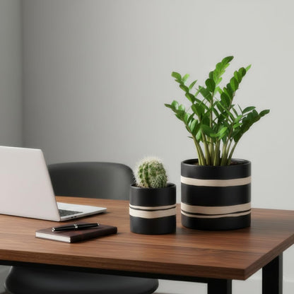 Nihow Modern Ceramic Plant Pot - 5 + 7 Inch Flower Pot for All Indoor Plants - Sturdy Planter Pots with Drainage Hole & Rubber Plugs - Semi-Matte Black & Nature - Plants Not Included
