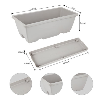 8pcs Window Box Planter, 17 Inches Flower Window Boxes, Rectangle Planters Box with Drainage Holes and Trays, Plastic Vegetable Planters for Windowsill Patio Garden Home Decor Porch Yard (Grey)