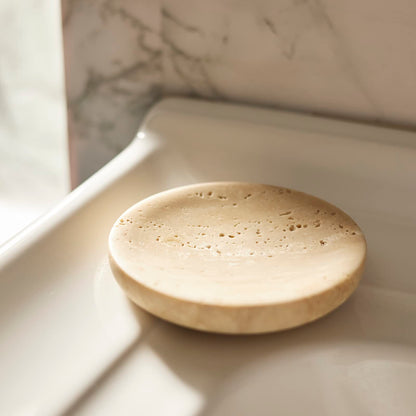 PHINILUX Round Travertine Tray for Jewelry, Marble Trinket Dish Tray, Nightstand Decor, Coaster, Soap Dish,Sponge Holder for Bathroom, Beige