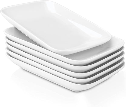 DELLING 8 Inch Rectangular Appetizer Plates Set of 6, Porcelain Salad Dessert Plates White, Small Serving Plates for Sushi Snack, Microwave Oven Dishwasher Safe, Stackable Ceramic Plates