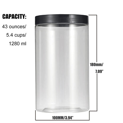 43oz (1280 ml) Clear Plastic Jars with Smooth Black Lids and Labels (6 Pack), Wide Mouth, BPA Free, PET Jars Bulk for Home & Kitchen Pantry Organization and Storage (Black)