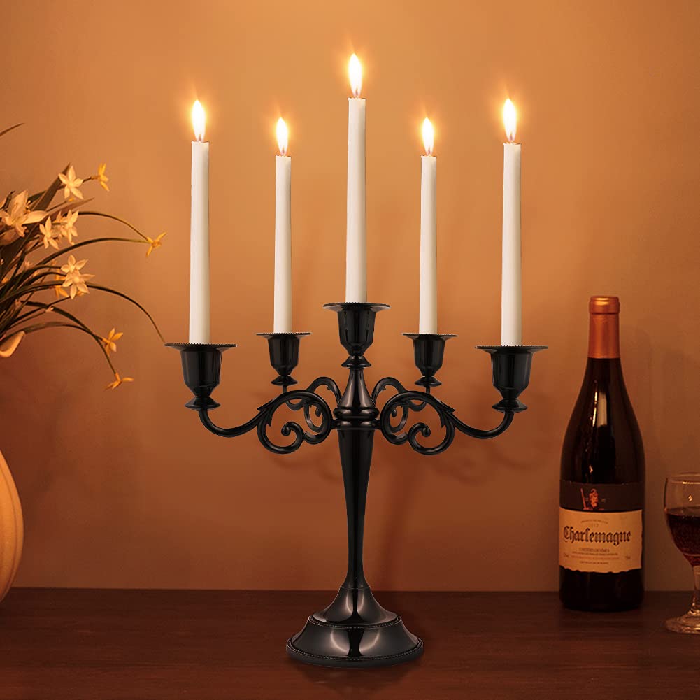 FANWNKI 5-Candle Metal Candelabra 10.2 Inch Tall Candlestick Candle Holders for Home Decor Wedding Christmas Church Halloween Party, Black