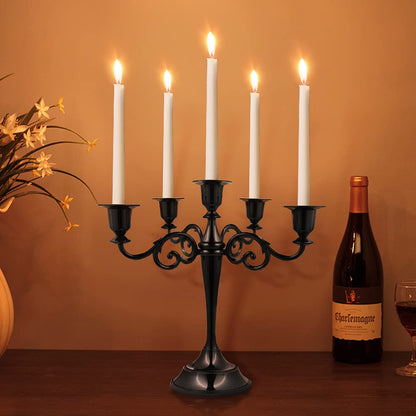 FANWNKI 5-Candle Metal Candelabra 10.2 Inch Tall Candlestick Candle Holders for Home Decor Wedding Christmas Church Halloween Party, Black