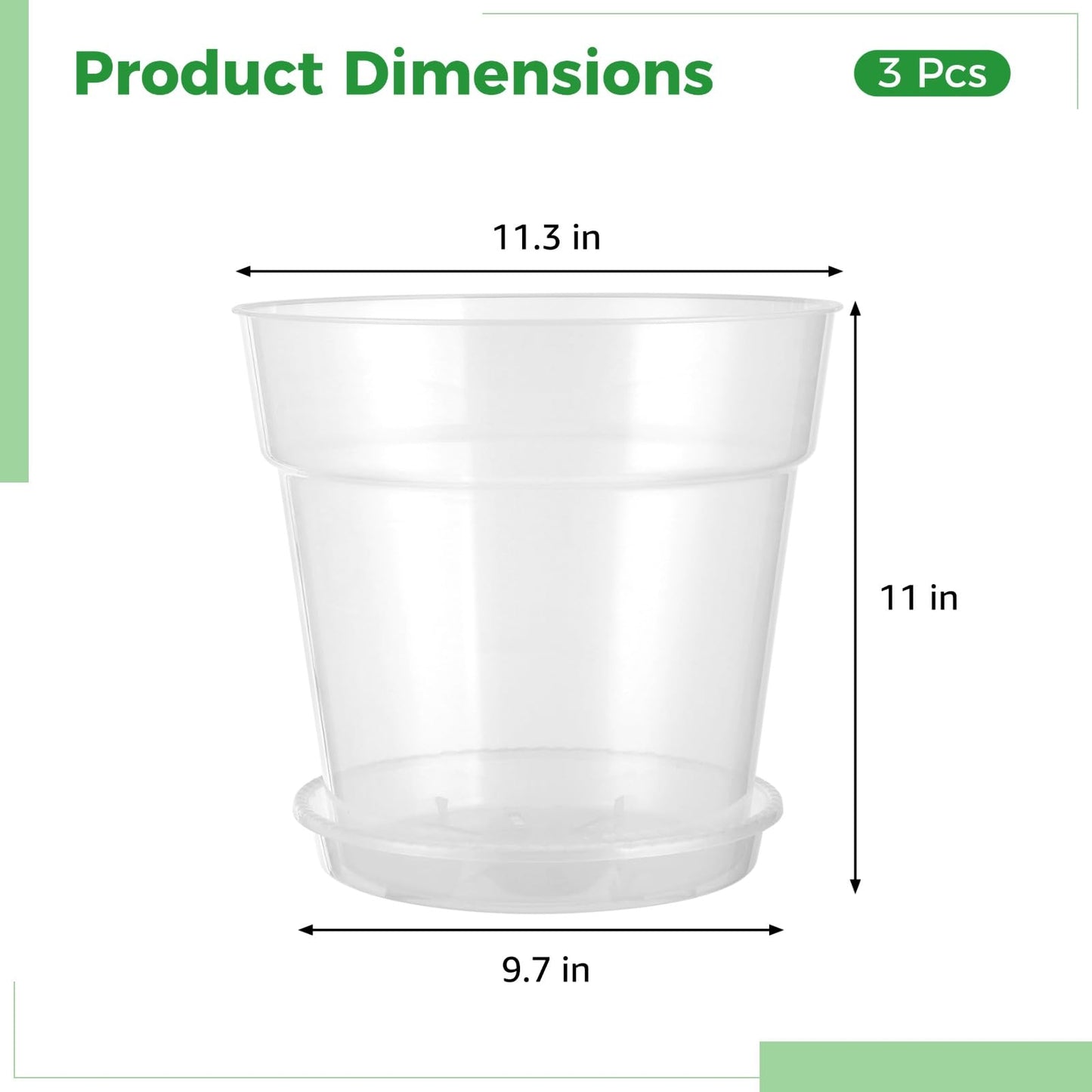 Skdqiee 3 Pcs Clear Nursery Pots Set with Saucers, 11.8 in Plastic Orchid Pots, Large Plant Pot with Drainage Holes, 3.7 Gallon Capacity for Orchids and House Plants