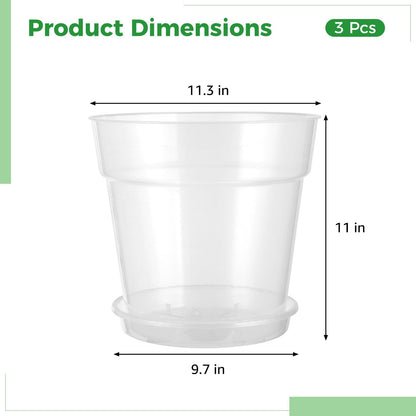 Skdqiee 3 Pcs Clear Nursery Pots Set with Saucers, 11.8 in Plastic Orchid Pots, Large Plant Pot with Drainage Holes, 3.7 Gallon Capacity for Orchids and House Plants