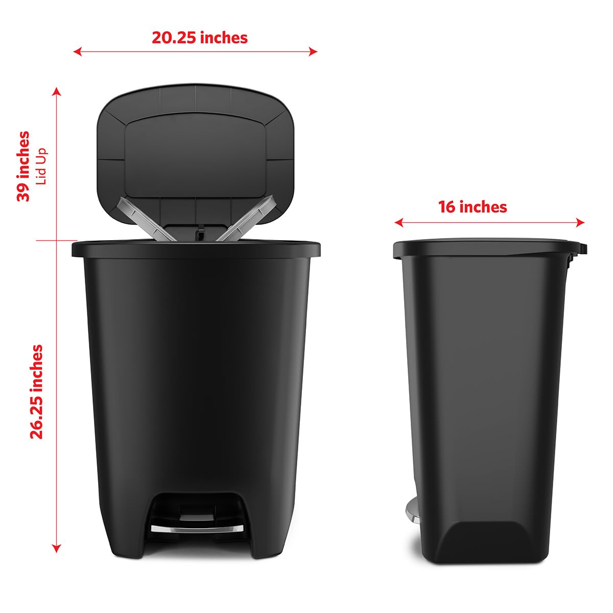 Glad Premium 20 Gallon Trash Can - Plastic Kitchen Waste Bin with Odor Protection of Lid, Stainless Steel Step On Foot Pedal and Garbage Bag Rings, Black