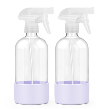 Worldgsb 2 Pack Glass Spray Bottles with Silicone Sleeve, 16 oz Empty Refillable Containers with Adjustable Spray Nozzles, Spray Bottles for Hair, Cleaning Solutions and Plants Purple