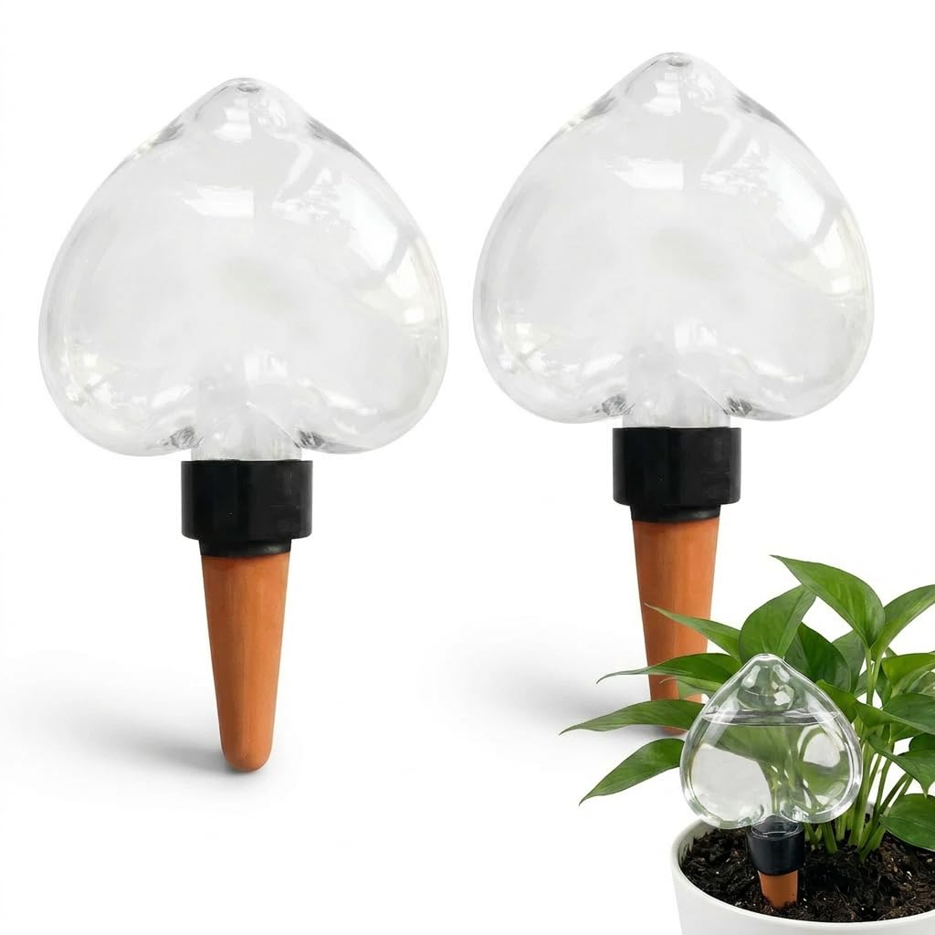 Kysren 2 Pcs Self Watering Globes for Indoor Plants - Top-Fill 6.3oz Heart Plant Watering Devices for Vacation, Clear Plastic Watering Bulbs with Terracotta Spikes