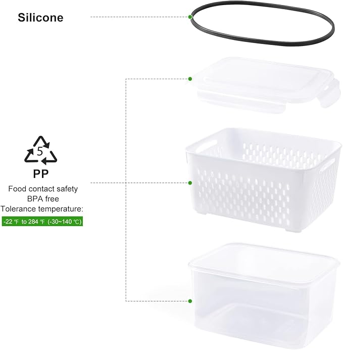 5 PCS Fruit Storage Containers for Fridge, Leakproof Produce Containers for Fridge with Removable Colander, Microwave/Dishwasher Safe Fruit Washing Bowl Keep Fruits, Vegetables, Berry Fresh longer