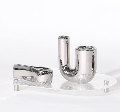 ITrixgan Silver Candlestick Holders, Decorative Taper Candle Holder Set Decor for Table Centerpiece Fireplace, Modern Silver Candle Holders Set, Aesthetic Ceramic Candle Stick Holder