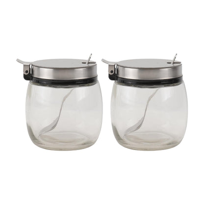 SHOWERORO Spice Jars with Spoon 2-Pack 2.75X2.75X3.14In Glass Round Condiment Containers with Lids for Kitchen Countertop Seasoning Storage and Organization