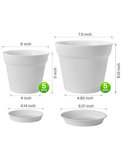 homenote Plant Pots,6/7.5 Inch Flower Pots for Plants Plastic Planters for Indoor with Multiple Drainage Holes and Trays, for All Home Garden Flowers Succulents,Outdoor(White,10 Pack)