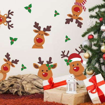 Christmas Wall Stickers Cute Reindeer Wall Decals Large Room Mural Stickers for Xmas Home Party Decor, 9.8 x 13.8 Inch, 4 Sheets