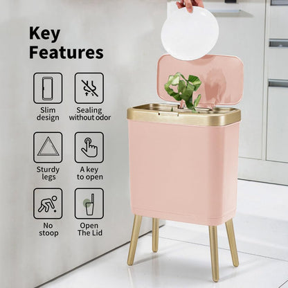 Procade Bathroom Trash Can with Lid, 4 Gallon Pink Garbage Can, Tall Plastic Trash Bin with Push Button, Slim Gold Trash Can Waste Basket for Room, Bedroom,Office,Kitchen