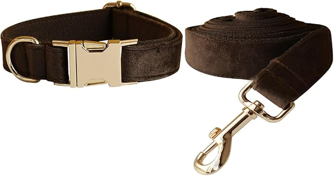 Love Dream Velvet Dog Collar and Leash Set, Soft & Comfy Adjustable Dog Leash and Collar with Heavy Duty Metal Buckle for Small Medium Large Dogs Training & Walking (Medium, Brown)