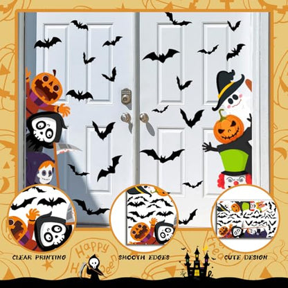 47 x 44 Inch Halloween Door Decals Cute Pumpkin Demon Expression Ghost Sticker Funny Halloween Decals for Window Wall Indoor Outdoor Party Decoration