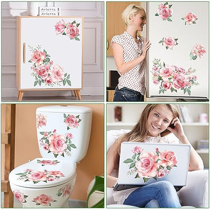 Pink Flowers & Green Leaves Wall Decals - Removable Peel & Stick Garden Floral Wall Stickers for Bedroom & Living Room
