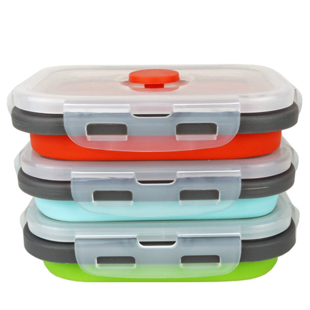 Ecomorning 3Piece Round Collapsible Lunch Container Silicone Food Storage Containers Collapsible Camping Bowl with Airtight Silicone Lids, Microwave, & Freezer Safe, 350ML