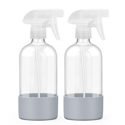 Worldgsb 2 Pack Glass Spray Bottles with Silicone Sleeve, 16 oz Empty Refillable Containers with Adjustable Spray Nozzles, Spray Bottles for Hair, Cleaning Solutions and Plants