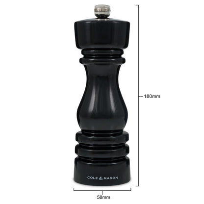Cole & Mason London Refillable Spice Mill - Kitchen & Home Accessory - Table Black Pepper Grinder - Pepper Mill with Carbon Steel Mechanism - 7", Black Gloss