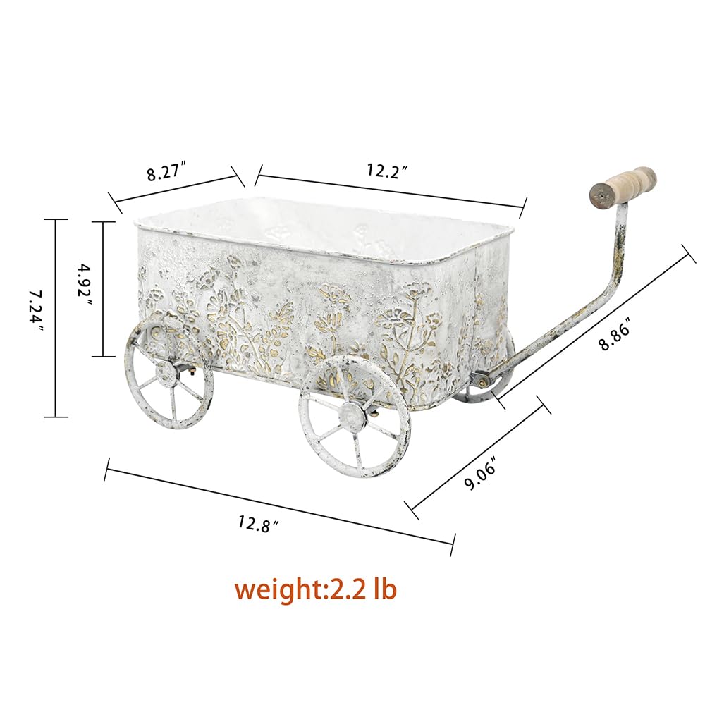 Zokyntrix Flower Cart with Wooden Handles, Metal Wagon Planters for Outdoor Plants, Garden Planter with Wagon Wheels, Decorative Wheelbarrow, Plant Cart for Patio Garden Balcony (White)