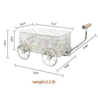 Zokyntrix Flower Cart with Wooden Handles, Metal Wagon Planters for Outdoor Plants, Garden Planter with Wagon Wheels, Decorative Wheelbarrow, Plant Cart for Patio Garden Balcony (White)