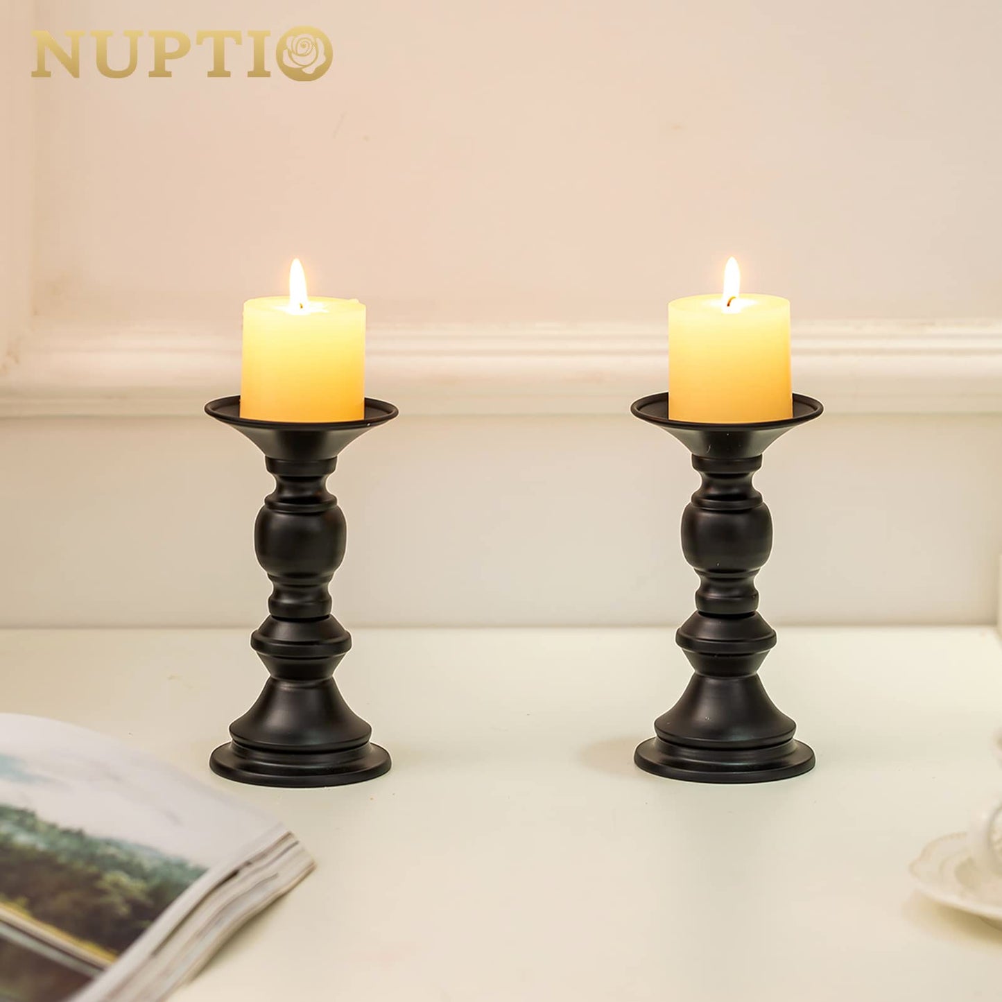 NUPTIO 2 Pcs Candle Holders for Pillar Candles, Black Candle Holder for 50mm Candles Christmas Halloween Mantlepiece Decorations, Ideal for Weddings Special Events Party Living Room