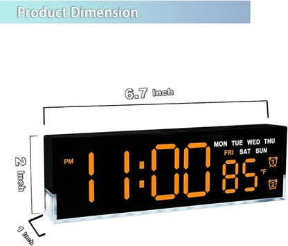 zyzamay 7-Inch Modern LED Digital Alarm Clock with Dual Alarms & Soft Bottom Light｜Displays Time, Date, Day, Temperature｜3-Level Auto/Manual Brightness,DST, USB or Battery Powered Desk Clock,Orange