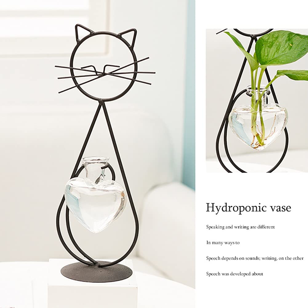 Lifeuping Desktop Heart Glass Planter Vase Holder, Cat Plant Metal Stand Cat Gifts for Hydroponics Plants Terrarium Home Garden Decor Outdoor Planter Ideas Cat Lovers