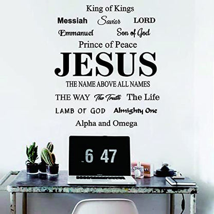 Jesus Wall Decal - Religious Quotes and Lord Lettering Sticker - Removable PVC Wall Decor for Church, Living Room and Study - (son of godsavioremmanuellamb of godAlpha and Omega~KIing of