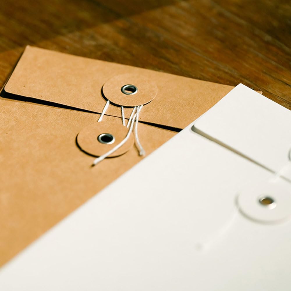 QILANJO 20 Pcs Kraft Paper Envelopes with Button and String Tie Closure Vintage Storage Envelope Pockets for Cards, Invitations, Photo, Files, 4.5x6.7 inch, White