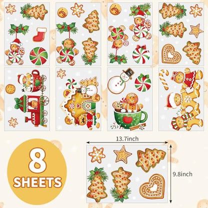 Christmas Wall Stickers Gingerbread Man House Xmas Tree Wall Stickers Peel and Stick Large Room Mural Decals for Winter Home Party Decoration, 8 Sheets