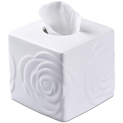 White Ceramic Rose Tissue Box Cover, Carved Flowers Large Square Tissue Box Holder Decorative for Bathroom, Vanity, Kitchen Countertop, Bedroom Night Stands, Office Desk Top