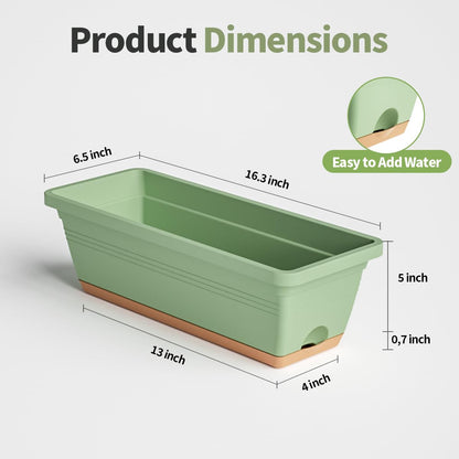 LESOASIS Window Box Planter, 6 Pack Plastic Vegetable Flower Window Planters Boxes 16 Inches Rectangular Flower Pots with Drainage Holes and Saucers (Green)