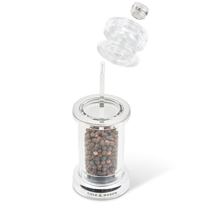 Cole & Mason 605 Refillable Spice Mill - Kitchen & Home Accessory - Salt & Pepper Grinder Set - Salt & Peppercorn Included - Acrylic - New Salt & Pepper Set 5.5"