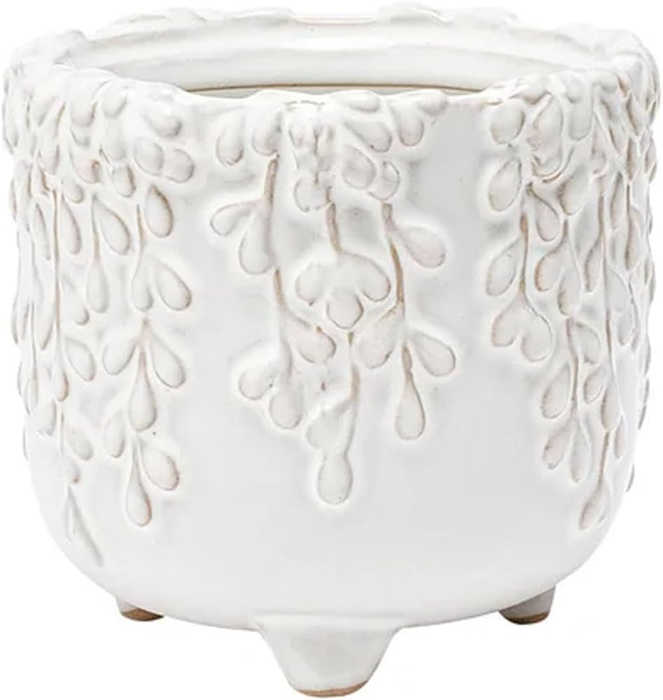 Napco Embossed Leaf Vine Floral 3.25 x 3 x 3 inches White Ceramic Flower Succulent Plant Pot Planter Container Holder, Indoor Outdoor Garden Décor