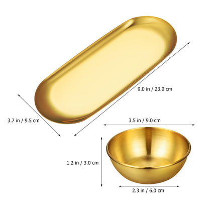 AUTSUPPL Gold Stainless Steel Sauce Bowl Tray Set with 6 Small Dipping Bowls and 2 Decorative Oval Trays for Sushi Seasoning and Home Dining